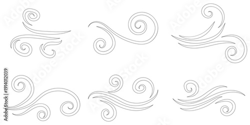 Set of abstract swirling wind lines and elegant air current vector graphics ideal for decorative design elements