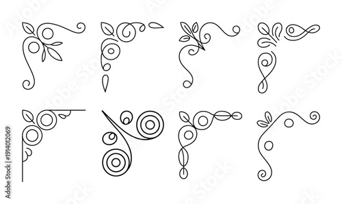 Vector illustration of eight ornate floral designs with swirling lines
