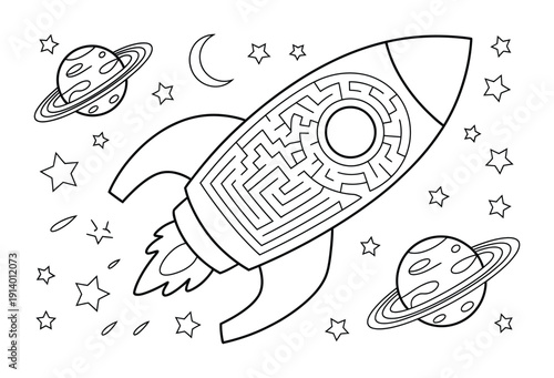 Vector drawing of a rocket ship flying through outer space freely