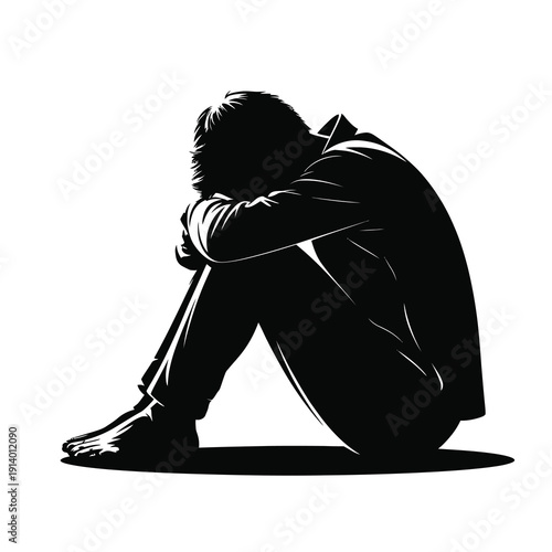 Vector graphic of a man sitting alone in a state of sadness and despair on a white background