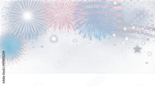 Red white and blue fireworks explode over a dark blue sky with a waving American flag and white stars