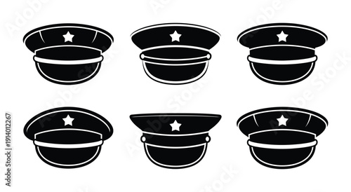 Vector illustration of six different police hats in a row formation