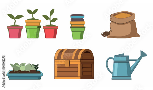 Flat Greenhouse Gardening Equipment Vector Bundle with Potted Seedlings Wooden Box Chest Grain Sack and Water Can