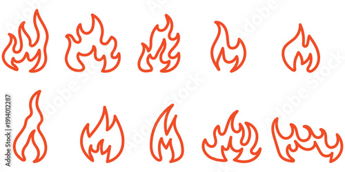 Set of diverse orange outline fire flame icons representing heat energy and danger graphic elements