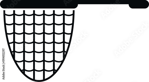 Fishing landing net with handle, flat black silhouette icon on white background