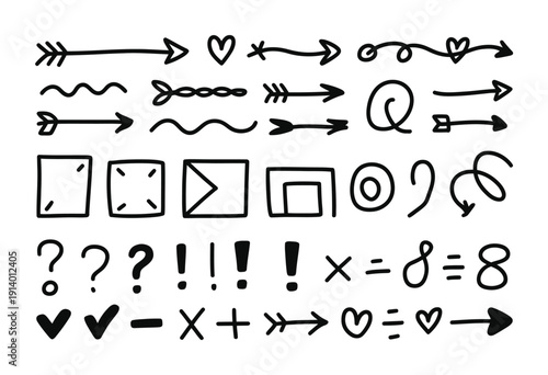 Vector collection of hand-drawn arrows and symbols on a white background