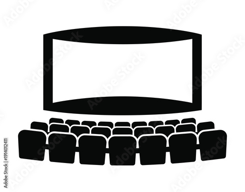 Vector graphic of a movie theater with rows of seats and a large blank screen