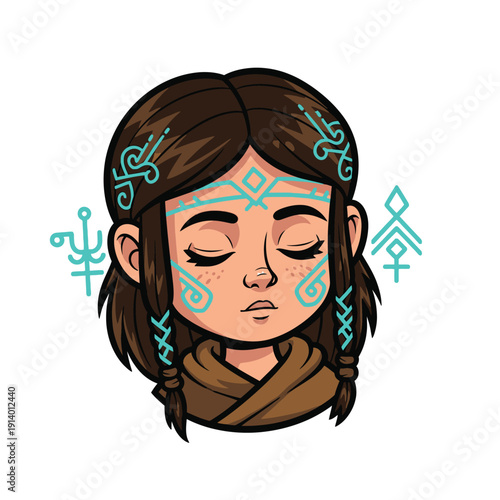 Fantasy Shaman Girl Avatar with Glowing Tribal Runes Vector Illustration