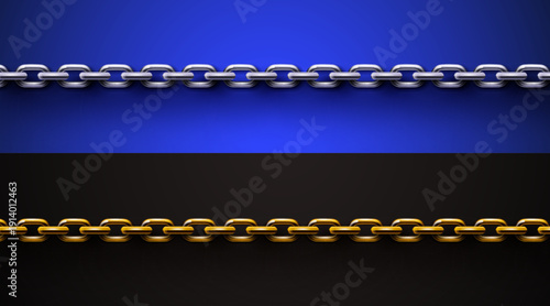 Two realistic metal chains, silver and gold, on a split blue and black background for various design projects. Vector illustration.