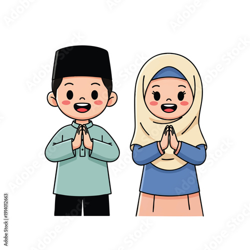 Joyful Muslim Children Offering Traditional Greeting Gesture Cartoon