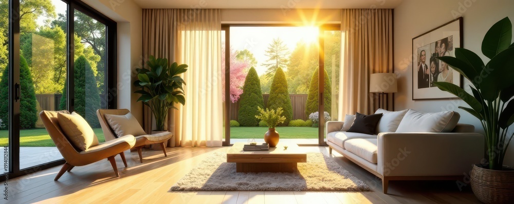 Fototapeta premium Sunlit living room, modern furniture, garden view, space, interior