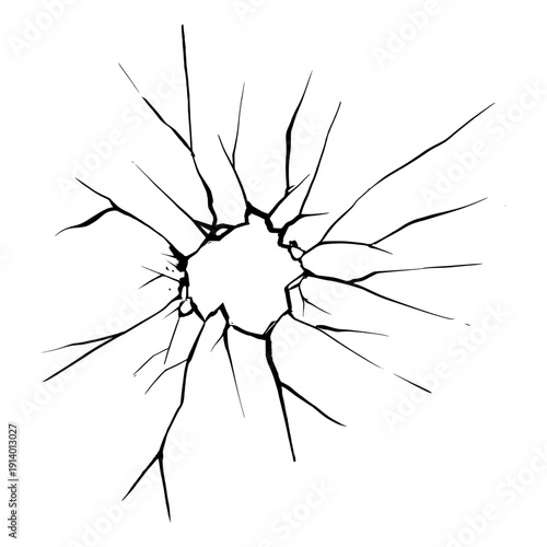 Fractured Glass Surface Silhouette. Black Minimalist Illustration of Shattered Glass with Sharp Web Patterns.