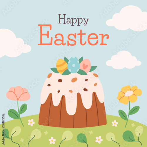 Happy Easter greeting card with festive Easter cake on spring meadow. Perfect for cards, invitations, posters, home decor, and seasonal design. Flat vector illustration
