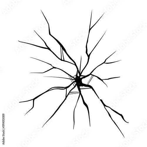 Spider Web Glass Crack Silhouette. Black Minimalist Vector Illustration of Broken Mirror or Window Impact.