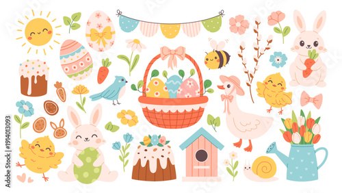 Cute Easter and spring festive elements set. Easter eggs, cakes, animals, flowers, and seasonal decorations. Spring holiday stickers. Flat vector illustration isolated on white