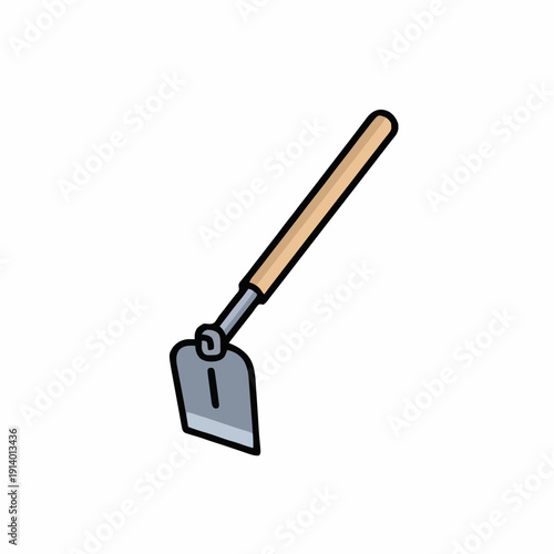 Simple illustration of a garden hoe with a wooden handle on a white background