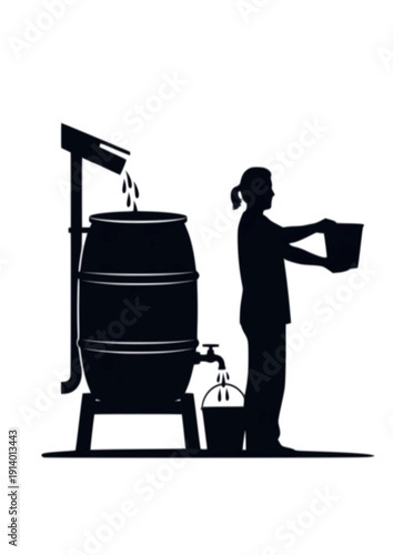 Person using rainwater harvesting barrel water conservation eco concept silhouette vector