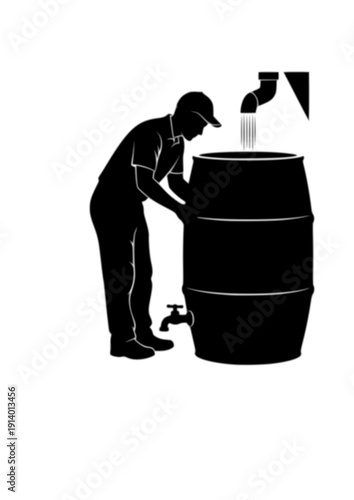 Person using rainwater harvesting barrel water conservation eco concept silhouette vector