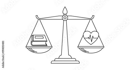 A balance scale with books on one side and a heart monitor on the other, symbolizing the balance between knowledge and health.