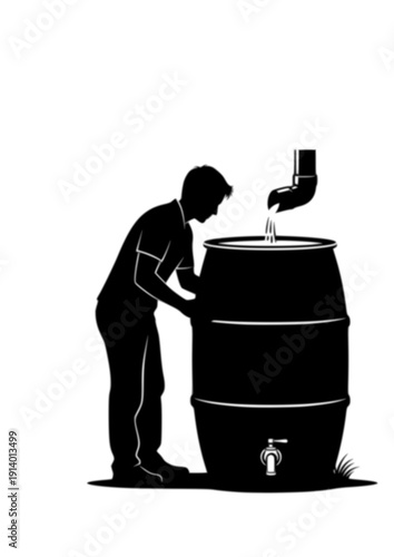 Person using rainwater harvesting barrel water conservation eco concept silhouette vector
