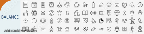 Work life balance and healthy lifestyle icons set, outline symbols for mental wellness equilibrium zen meditation and harmony vector illustration