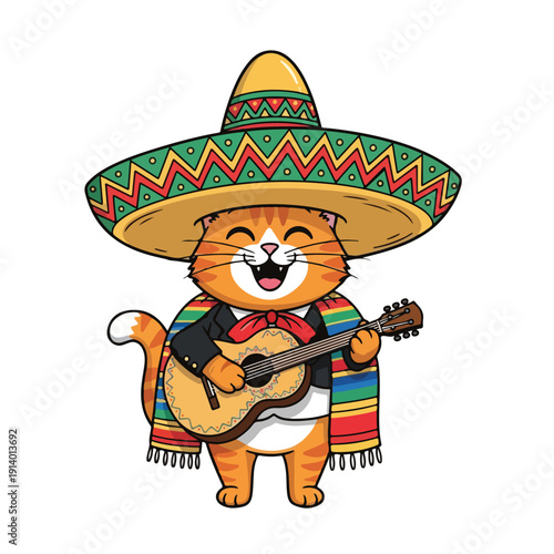 Cat Playing Guitar in Sombrero and Serape