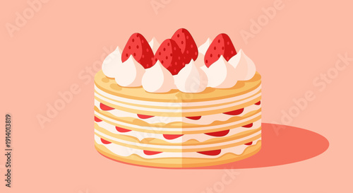 A multi-layered cake with strawberries and cream on top viewed from the front on a pastel background