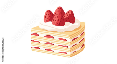 A delicious layered cake with strawberries and cream,  viewed from the side, a sweet food illustration