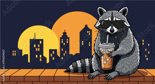 Cool Raccoon with Sunglasses Drinking Iced Coffee on a Rooftop with City Skyline and Large Moon Background Graphic Illustration