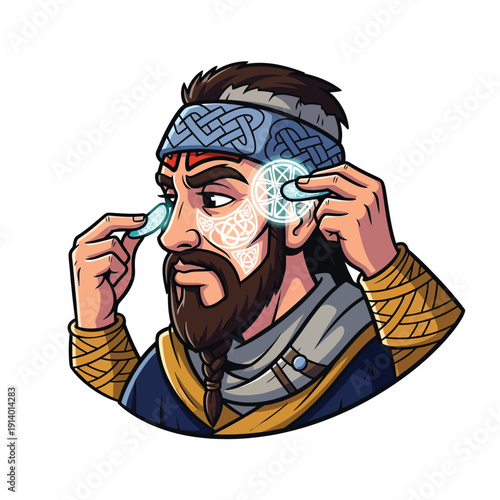 Bearded Viking Warrior Avatar Applying Magic Runes. Fantasy Celtic Esport Mascot Illustration.