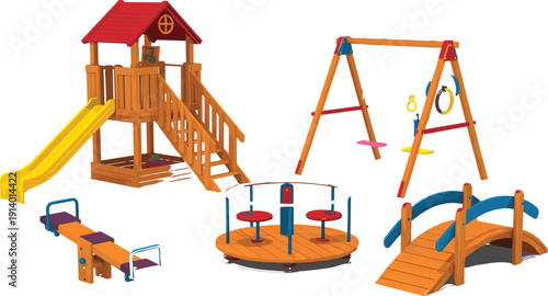 Colorful playground equipment set, kids outdoor play structures, slide swing seesaw carousel bridge, park play area, vector illustration, isolated white