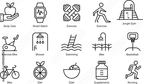 Fitness health icon set, exercise sport wellness activities, body care diet supplements, gym lifestyle line icons, black outline vector illustration
