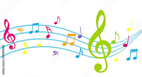 Vibrant treble clef and multicolored musical symbols on white