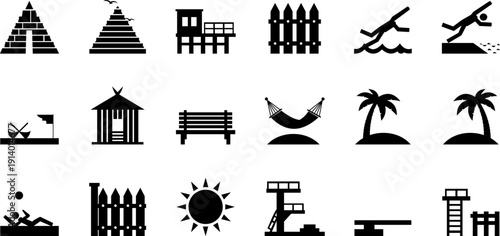 Collection of black beach and summer icons