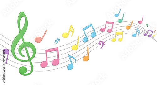 Creative musical melody concept with colorful symbols and signs