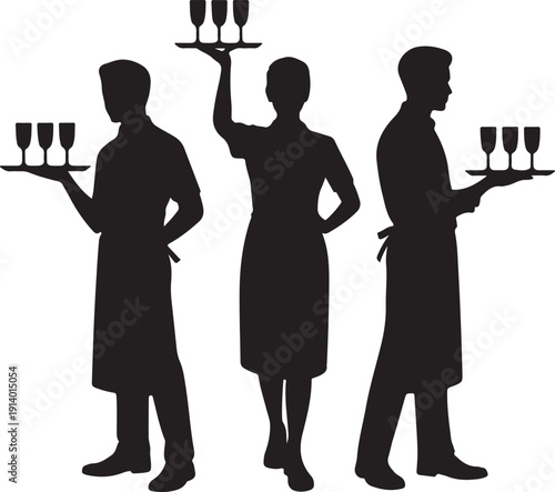 Hurry crew in rush waiters holding tray with order drinks for guests vector silhouette isolated. Restaurant servant taking orders. Pub workers serve wine drinks for guests. Barman cocktails beverage.