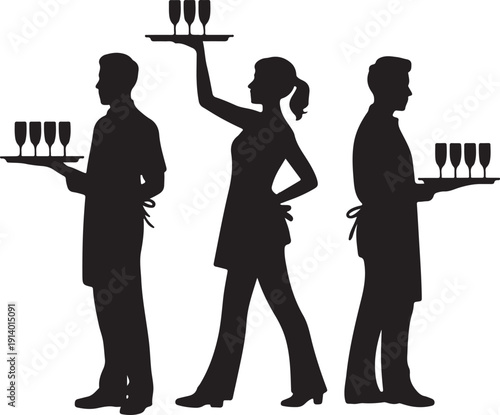 Hurry crew in rush waiters holding tray with order drinks for guests vector silhouette isolated. Restaurant servant taking orders. Pub workers serve wine drinks for guests. Barman cocktails beverage.