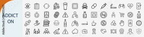 Addiction and bad habits icons set, outline symbols for substance abuse social media dependency healthcare and unhealthy lifestyle vector illustration