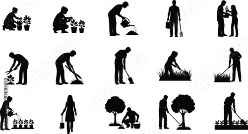 Gardening silhouette set featuring people planting, watering, pruning, and landscaping garden maintenance activities for backyard hobby and professional agricultural outdoor work