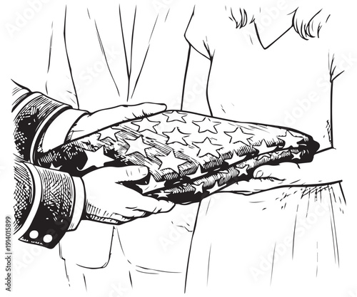 Line art of folded flag being handed to a family member