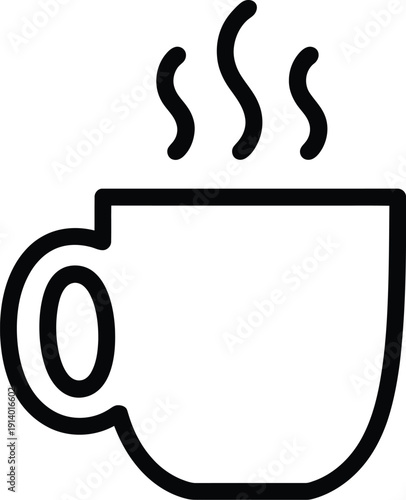 Hot beverage in a cup icon, simple black outline drawing of a steaming mug for coffee or tea