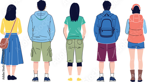 Back view of diverse young people standing together in casual summer clothes, featuring a flat vector illustration for stock design.