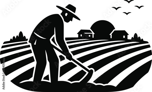 Farmer Working in Field Silhouette, Traditional Agriculture and Rural Farming Concept Vector