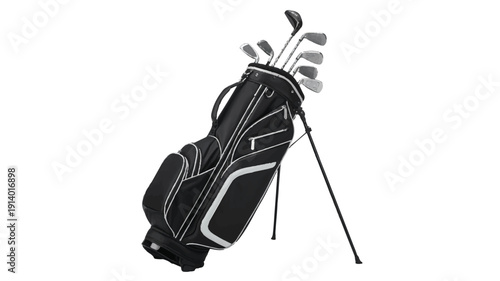 golf bag with clubs on stand isolated on white background