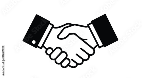 Business professionals finalizing a successful deal with a firm and friendly black and white iconographic handshake gesture