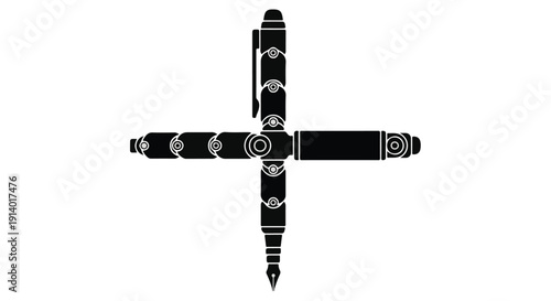 Stylized black and white cross symbol with tribal Aztec inspired design elements on white background
