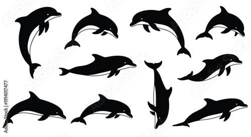 A collection of ten stylized black and white dolphin silhouettes illustrating various playful swimming and jumping positions against a white background.