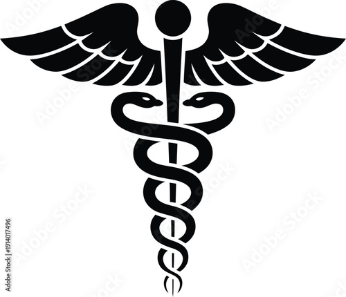 Black silhouette of caduceus symbol with wings and two snakes wrapped around a staff