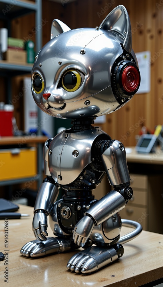 Fototapeta premium Intricately designed metallic feline robot with articulated joints and expressive eyes placed on a wooden desk in a workshop setting showcasing advanced robotics