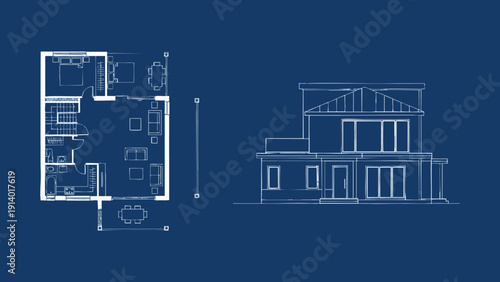 Technical Architectural Blueprint Set Featuring Hand Drawn 2D Floor Plan with Furniture Layout and Front Elevation View of a Modern Two Story House on a Blue Background